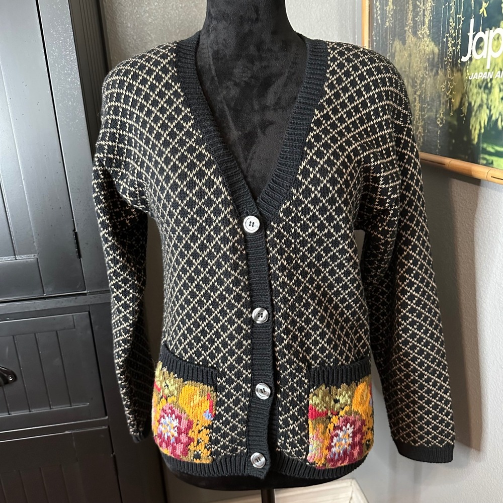 Talbotsβ Cardigan Sweater Womens SP Blk Floral Pocket Vintage Preppy Cottagecore